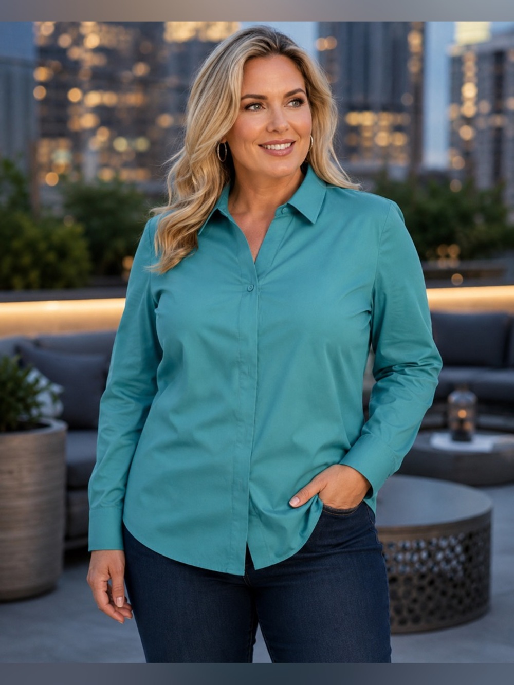 Chicos Teal Button Up Blouse Cotton Collared Button‎ Up Top plus Size 3